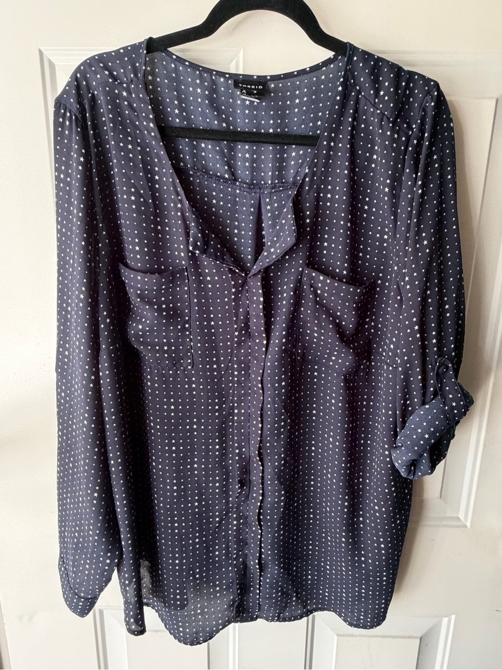 Torrid 3X Navy with White Stars Dot Button-Up Blouse